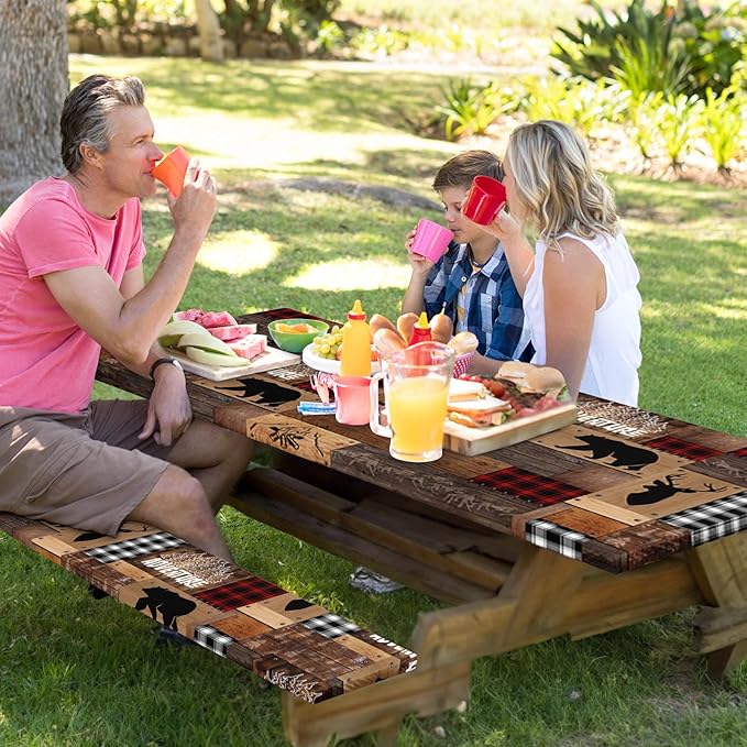Picnic Table Cover with Bench Covers Elastic Edges, Retro Camper Fitted Table Cover, Outdoor Patio Camping Essentials 72 Inch 3PCS, Waterproof Camping Fitted Tablecloth with Drawstring Bag