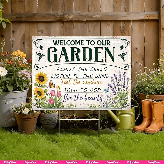 Funny Garden Sign with H Stake 24"x18" Large Vintage Sign for Outside Greenhouse Corrugated Plastic Yard Decor Gardening Gifts for Women " WELCOME TO OUR GARDEN"
