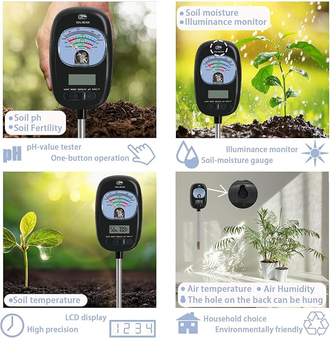 7-in-one Soil Test Kit, Soil Moisture Meter/PH Meter/Sunlight Intensity/Fertility Soil Tester, LCD display Air & Soil Hygrometer Temperature for Garden, Farm, Lawn Care Moisture Meter for Hous Plants