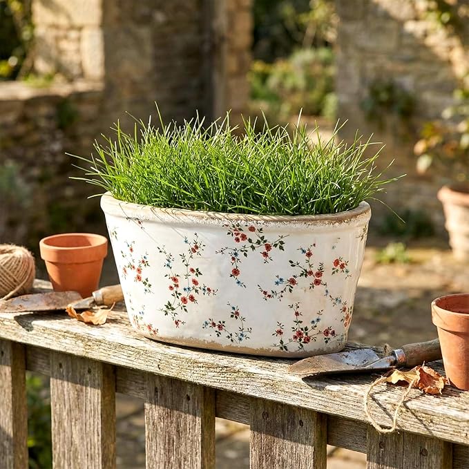 8.6" Large Vintage Ceramic Planter Ice Cracked Farmhouse Rectangle Pots with Drainage Hole Pots for Indoor Outdoor Plants Home Kitchen Windowsill Office Shelf Rustic Decor Gift(Wildflower)