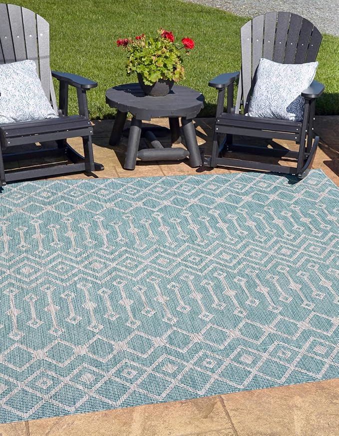 Unique Loom Outdoor Trellis Collection Area Rug - Tribal Trellis (13' Square, Aqua/ Ivory)