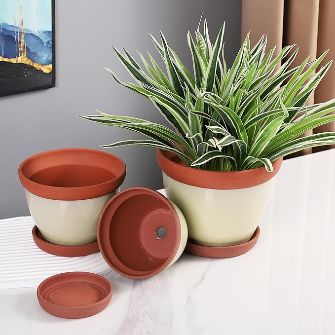 Yishang Glazed Terracotta Pots with Saucers, Set of 3, 5", 6", and 7" Sizes, Ceramic Clay Planter Pots with Drainage Holes - Yellow