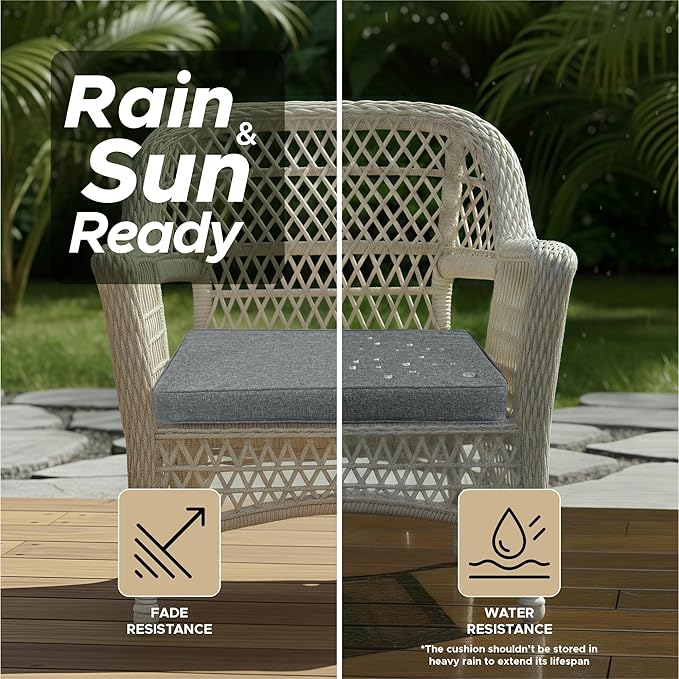 Outdoor Chair Cushions, Water-Resistant & Fade-Resistant, Patio Furniture Seat Replacement Chair Pads with Ties Zipper, Removable Cover, Non-Slip Bottom, Set of 4, 17 x 16 Inch, Dark Grey