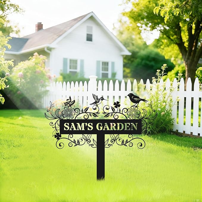 Personalized Metal Garden Sign, Custom Flower Decor with Stake, Hummingbid Metal Yard Art, Garden Name Sign,Outdoor Decor,Patio Decoration,Home Present,Gardeners & Planters Gift