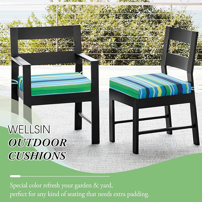 Wellsin Outdoor Chair Cushions for Patio Furniture - Outdoor Cushions for Chairs - Water Resistant Patio Chair Cushions Set of 4, 18.5"X16"X3", Stripe 01