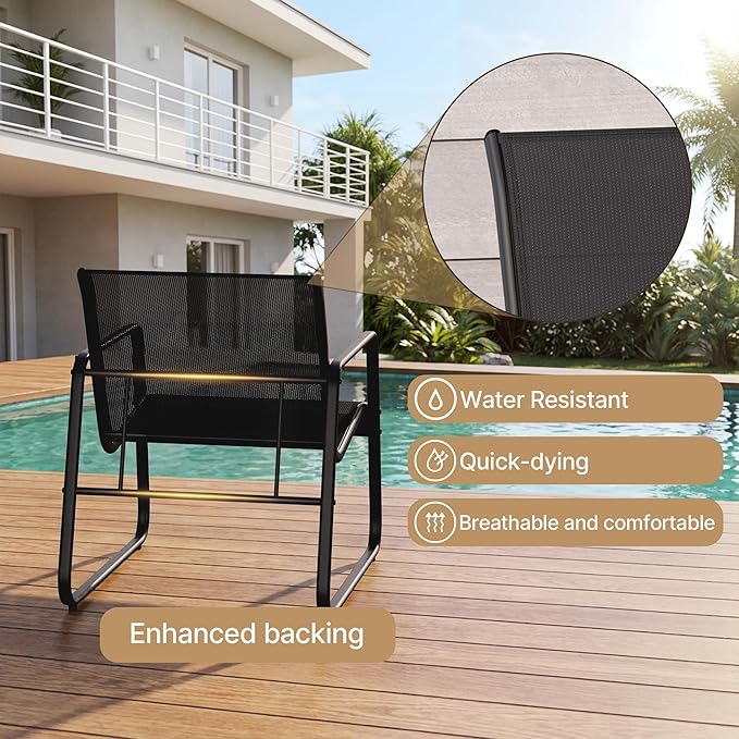 Gizoon Patio Chairs Set of 2, Patio Fumiture Set with Metal Fframe Glass Table, Outdoor Chairs Set of 2 for Balcony Bistro Table and Chair Set for Lawn, Black