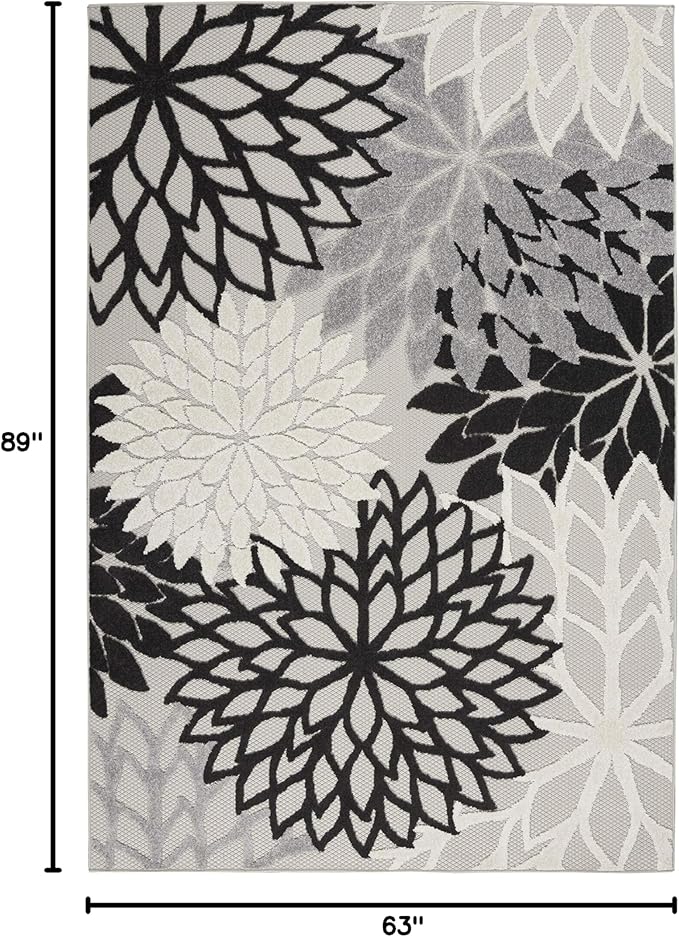 Nourison Home Aloha Indoor/Outdoor Black White 5'3" x 7'5" Area Rug, Tropical, Botanical, Easy Cleaning, Non Shedding, Bed Room, Living Room, Dining Room, Deck, Backyard, Patio (5x7)