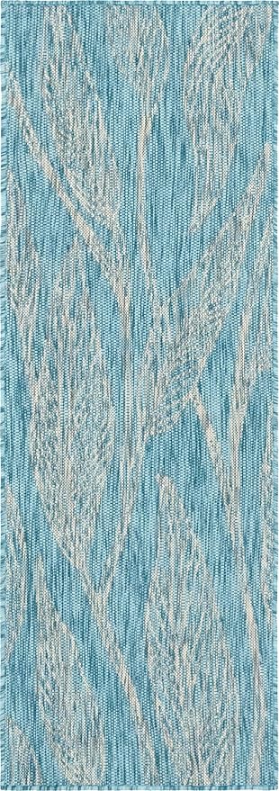Unique Loom Outdoor Botanical Collection Area Rug - Leaf (2' x 6' 1" Runner, Light Aqua/ Ivory)
