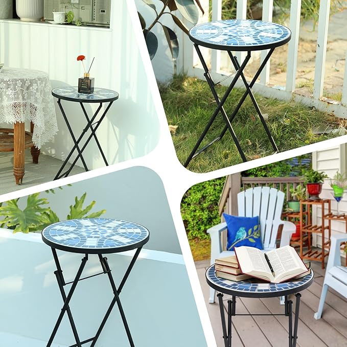 VCUTEKA Mosaic Outdoor Side Table, Patio Side Tables with 14" Ceramic Tile Top for Outside, Indoor Accent Table for Yard, Garden, Living Room, Bistro Balcony or Lawn