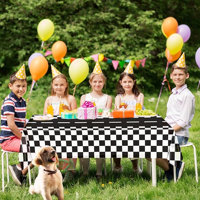 3 Pieces Race Car Checkered Tablecloth - 54x108 Disposable Black and White Motor Racing Themed Plastic Table Cover for Birthday Decorations for Kids and Adults, Race Car Birthday Party Supplies