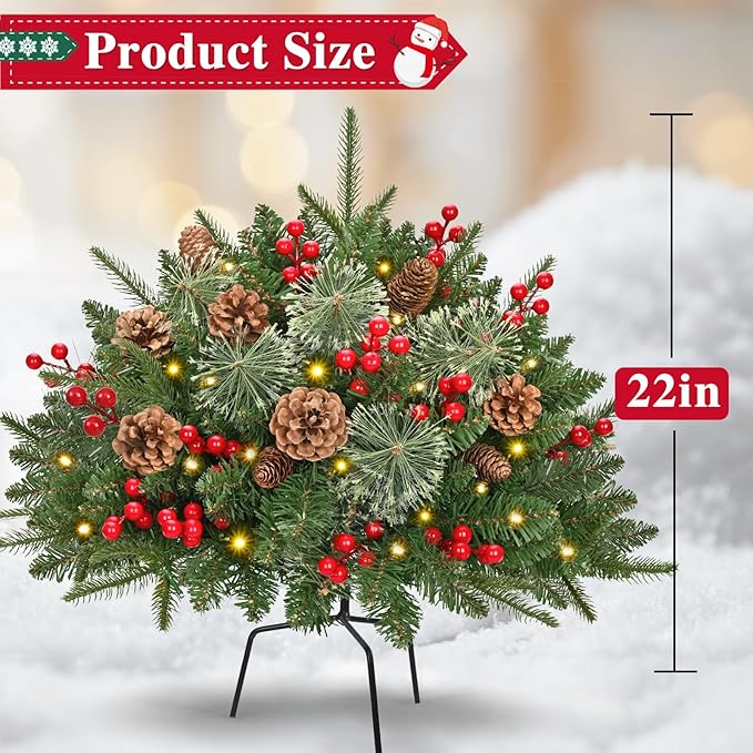Waipfaru Outdoor Christmas Tree Urn Filler, Prelit Planter Bushes, 22 Inch Lighted Artificial Christmas Tree with Cones & Red Berries for Front Porch Pot Filler Planter Christmas Decorations, 2 Pack