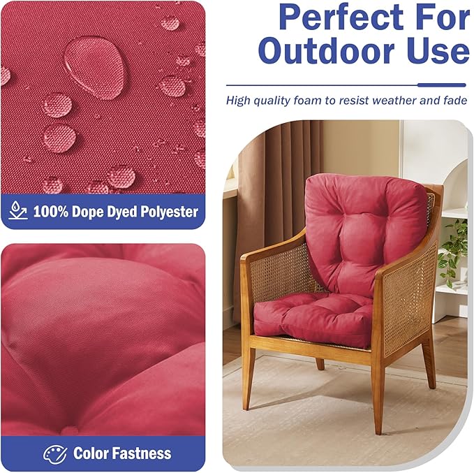 Outdoor Chair Cushions Set of 2, Patio Chair Cushions with Ties, 19x19+5” Tufted Outdoor Seat Cushions, Waterproof Patio Furniture Cushions, Outdoor Dining Chair Pads, Burgundy (Pack of 2)
