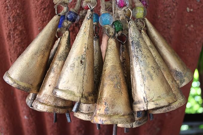 Rustic Iron Tin Cone Bells with Beads, 12 Pc Mini Wind Chime Bells for Crafts, Decor, Garden, Wedding, Festival, DIY Projects – Handmade Hanging Vintage Bells with Jute String – Small Bells That Ring