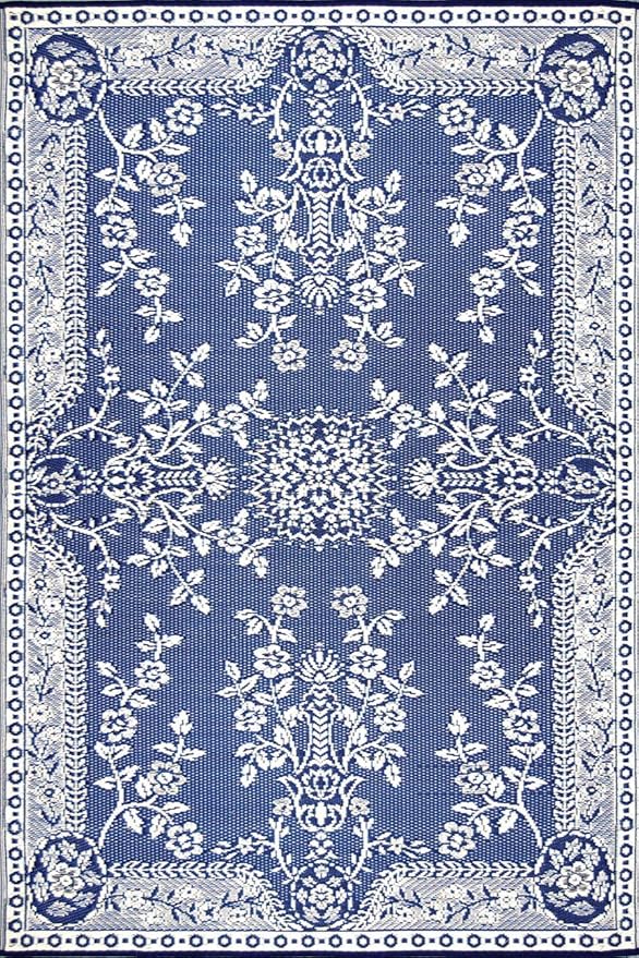 Mad Mats Traditional Outdoor Rug, Reversible Plastic Mat (5' x 8', Oriental Garland - Blue/White)