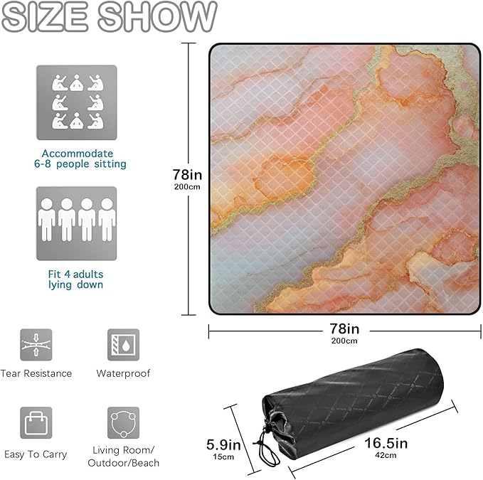 Marble Peach Blush Waterproof Picnic Accessories Water Resistant Outdoor Party Garden Mat for Outdoorsy People Picnic Items Manta para hacer Picnic