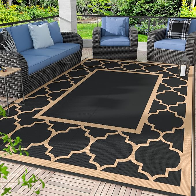 GENIMO Outdoor Rug 8' x 10' Patio Waterproof, Foldable Reversible Plastic Straw Area Rugs Mat for Camper Decor, Outside Carpet for Rv, Deck, Porch, Picnic, Beach, Balcony, Black & Brown
