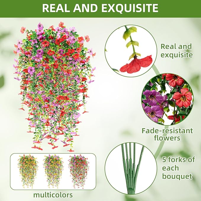 Hoteam 72 Pack Artificial Hanging Flowers Plants for Outdoors 30 Inch UV Resistant Fake Plastic Faux Artificial Plants Bulk for Planter Porch Patio Yard Garden Wedding Wall Indoor