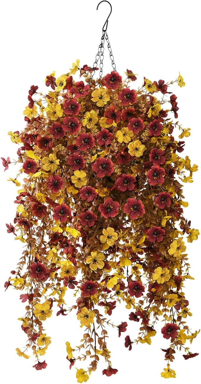 Fall Artificial Faux Mums Hanging Flowers Plants Basket for Outdoor Decoration,Fake Silk Daisy planters UV Resistant Look Real for Home Porch Patio Balcony Yard Autumn Decor (Yellow Brown)