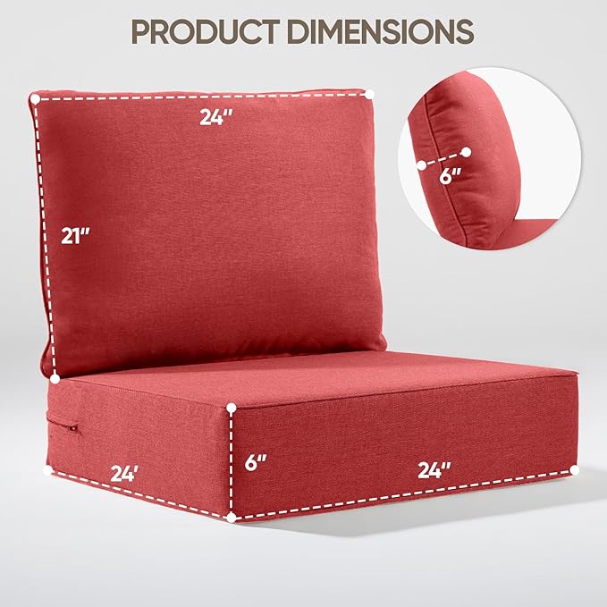 6" Thick Outdoor Cushion, 24 * 24 * 6" Patio Furniture Cushions with Waterproof Patio Furniture Cushions with Removable Cover, 28D High Density Patio Cushion for Outdoor Furniture, Red-2pcs