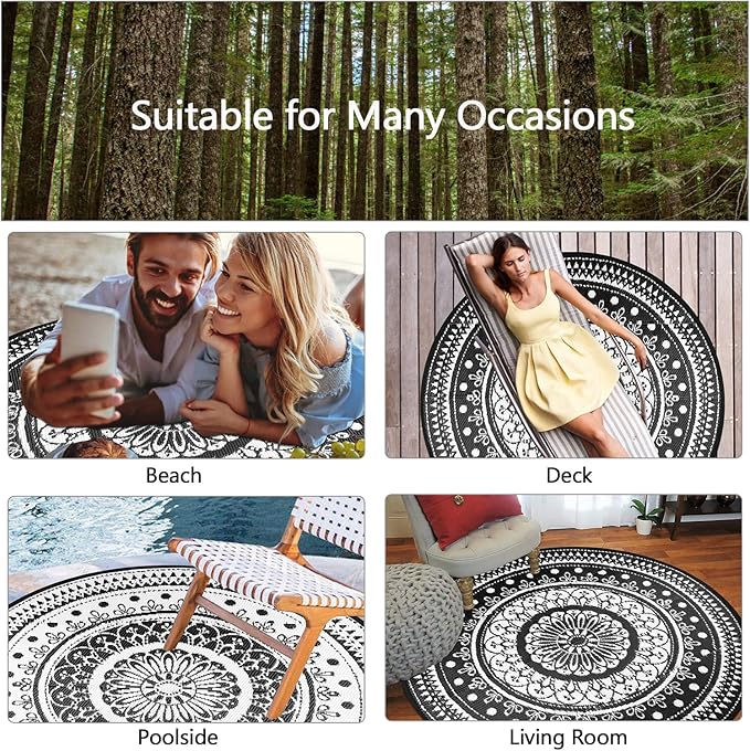 Cekene Round Outdoor Rugs Waterproof 5Ft Reversible Outdoor Patio Rugs Lightweight Plastic Straw Rugs Portable RV Camping Mat Floor Carpet for Deck Porch Picnic, Black and White