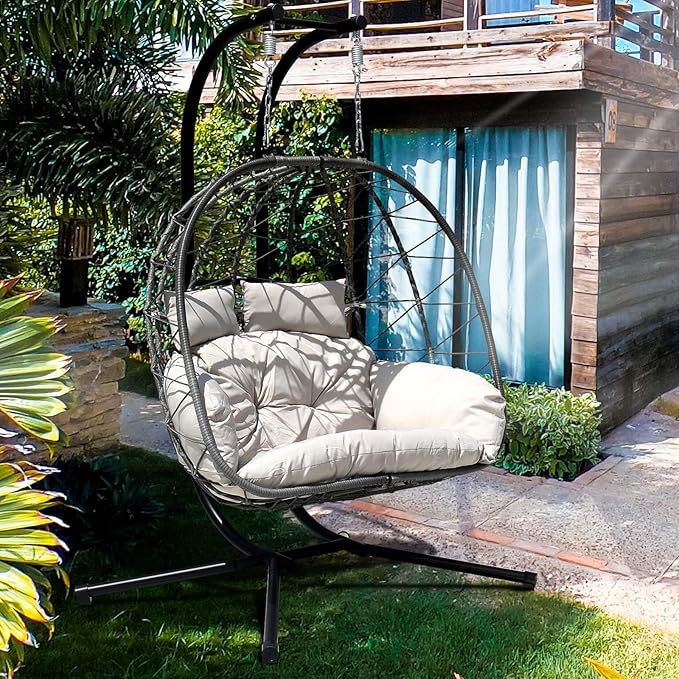Hanging Egg Chair with Stand Indoor Swinging Chair Outdoor Hammock Egg Chair for Patio, Bedroom, Garden and Balcony (Gray, Large)