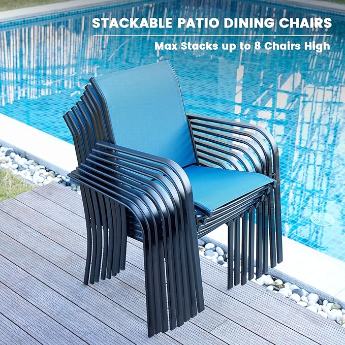 VICLLAX Patio Stackable Dining Chairs Set for 2, Outdoor Sling Chairs with Metal Frame for Front Porch Balcony Backyard Garden and Deck, Dark Blue