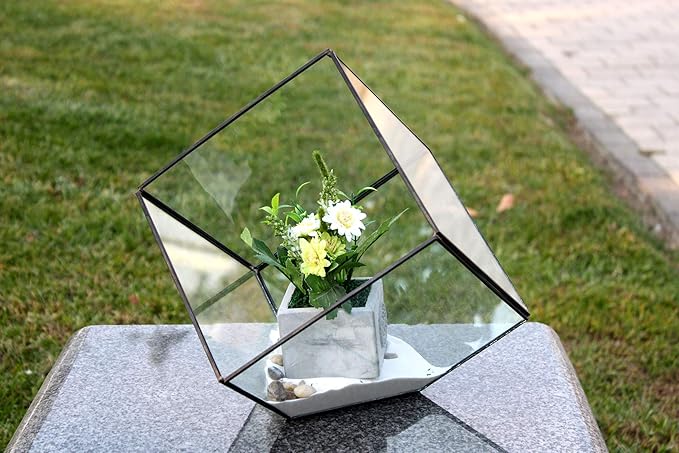 WGV Geometric Planter Terrarium Bulk, Width 11.5" Height 12" Clear Glass Black Frame DIY Succulent air Plant Miniature Fairy Garden Windowsill Tabletop Decor, Tilted Cube 4 Pieces