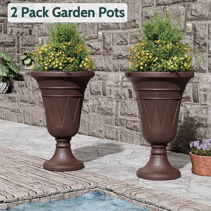 23.6" Tall Plastic Urn Planters for Outdoor Plants, Set of 2 Heavy-Duty Classic Indoor Large Flower Pots with Drainage Holes & Trophy Design, Outdoor Planters for Porch, Home Garden, Brown