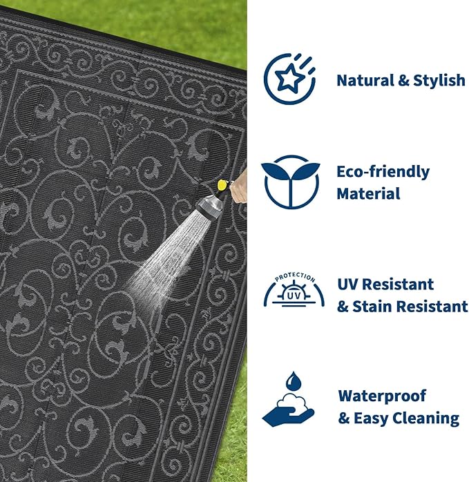 MilleLoomi 9x12 Outdoor Rug Waterproof Foldable Plastic Straw Carpet for Patio Porch Vintage Reversible Mat Lightweight Floor Mat for Picnic, Backyard, Rv, Beach, Deck, Camper, Balcony，Black Grey