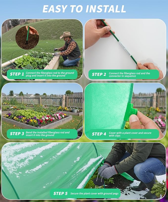 10ft x 50ft Plant Frost Protection Cover, 1.3 oz/yd² Reusable Freeze Blanket with 36 Hoops & 12 Stakes, Garden Greenhouse Tunnel for Winter Snow, Frost & Pest Protection on Outdoor Raised Beds