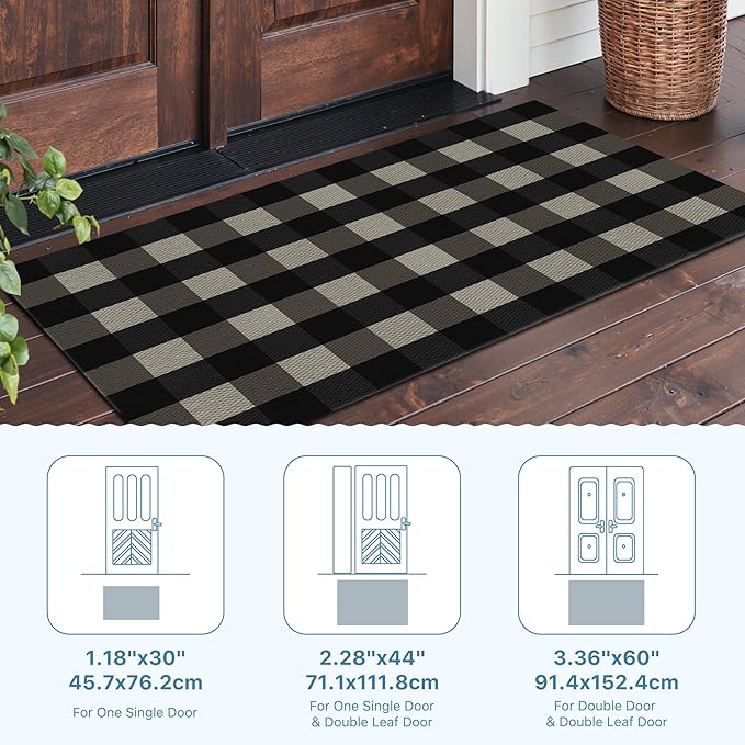 GENIMO Christmas Door Mat 18X30 Inch Buffalo Plaid Christmas Decor Rug Outdoor Checked Rugs, Washable Carpet for Front Porch, Kitchen, Farmhouse, Entryway Low Pile Doormat Black and White