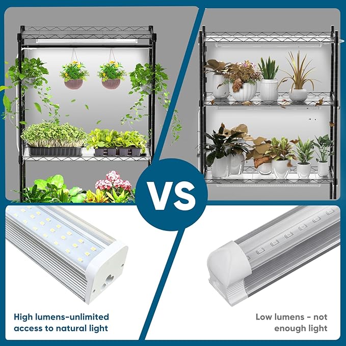 Plant Shelf with Grow Light, 4-Tier Metal Grow Light Shelf with Hanging Rod and Adjustable Rack,3-Pack 6000K T12 LED Full Spectrum Grow Lights for Seed Starting, Succulents, Built-in Timer