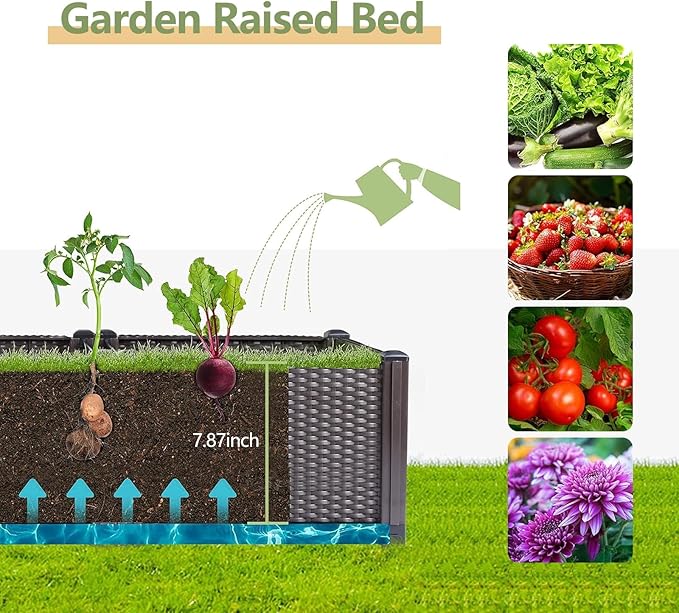 63"x16"x8" Large Outdoor Raised Planter Box, Self-Watering Rectangular Garden Bed with Drainage Plug, Deep Elevated Planter for Patio, Balcony, Deck