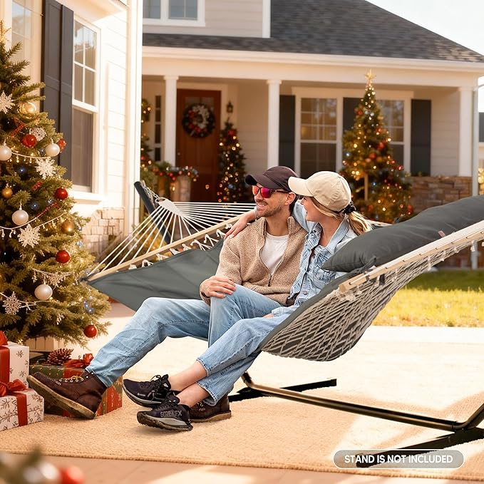 SUNCREAT Hammocks 2 Person Hammock with Hardwood Spreader Bar, Double Rope Hammock with Polyester Pad, Dark Gray
