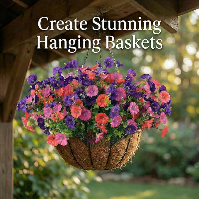12Pcs Artificial Outdoor Flowers for Outdoors, Faux Silk Realistic Morning Glory Floral Arrangement Planter UV Resistant for Porch Patio Window Box Balcony Garden Decor (12pcs Purple Fuchsia)