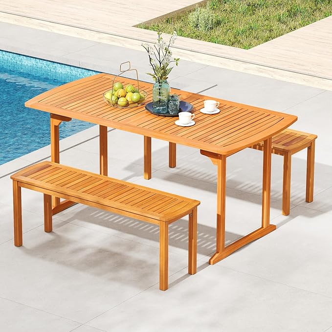 Tangkula Acacia Wood Outdoor Bench, 47" Patio Dining Bench with Slatted Seat, Backless Wooden Garden Bench, Farmhouse Furniture for Garden, Entryway, Poolside, Front Porch, Balcony, Park & Deck