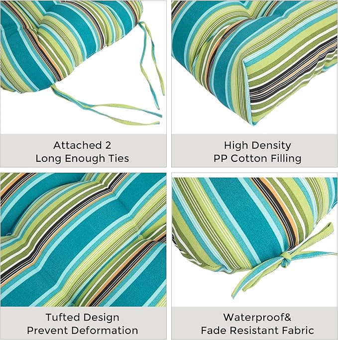 FUNHOME Outdoor Chair Cushions 19 x19 Inch,Water Resistant Tufted Seat Cushions 19",Reversible,Weather Resistant,Rounded Back Wicker Chair Cushion for Patio Garden Furniture(Green Stripe)