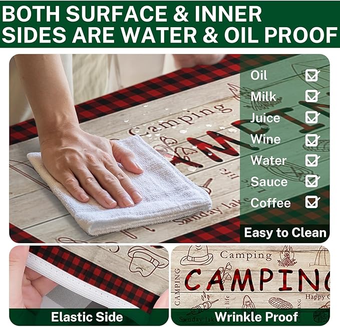 Picnic Table Cover with Bench Covers Elastic Edges, Red Plaid Fitted Table Cover, Outdoor Patio Camping Essentials 72 Inch 3PCS, Waterproof Camping Fitted Tablecloth with Drawstring Bag