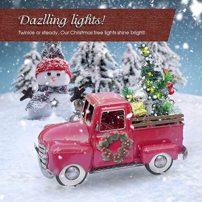 Vintage Red Metal Truck Decor, Red Truck Christmas Decor, Decorative Tabletop Storage,Farmhouse Pickup Truck Planter for Garden Home Holiday Decor