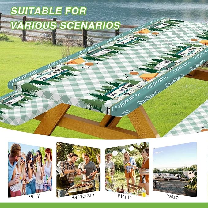 Picnic Table Cover with Bench Covers, Buffalo Plaid Camping Waterproof Windproof Fitted Tablecloth Cover with Elastic Edge, Camping Fitted Tablecloth with Drawstring Bag, 60in, Green
