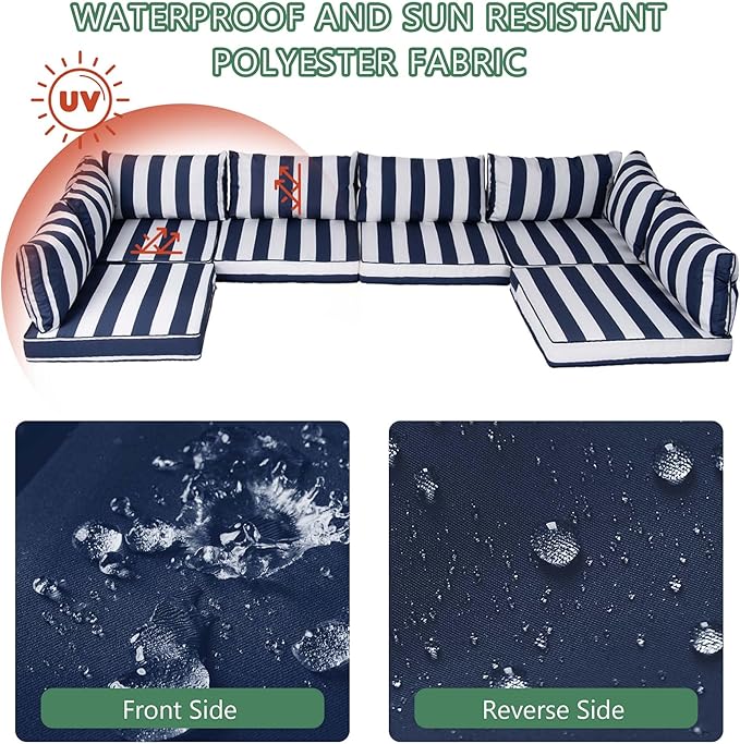 14 Piece Outdoor Replacement Cushions for Patio Furniture, 4" x 25.6" x 25.6" High Density Waterproof Outdoor Sofa Cushion Sets, Fits 6 Seat Wicker Sectional Conversation,Blue Striped