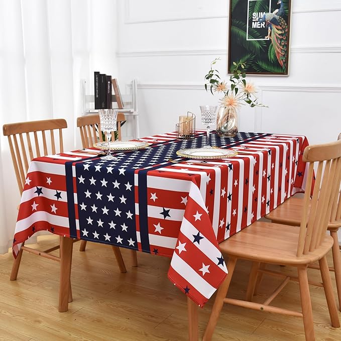 USA Gingham Patriotic Tablecloth Fabric - Rectangular 58x102 Inch Water Resistant Checked Table Cloth for Indoor/Outdoor Use - Table Cover for Kitchen, Picnics, Gardens, and Parties