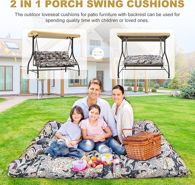 60" Porch Swing Cushion with Backrest, Waterproof Outdoor Bench Swing Cushions 3 Seater Replacement Thickened Swing Cushions with Ties for Patio Garden Backyard,Vintage Paisley,60x40in