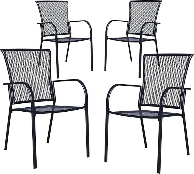 Patio Dining Chairs Set of 4, Black Stackable Outdoor Dining Chairs, Metal Mesh Patio Furniture Set for Garden Backyard Lawn Deck Support Over 300 lbs