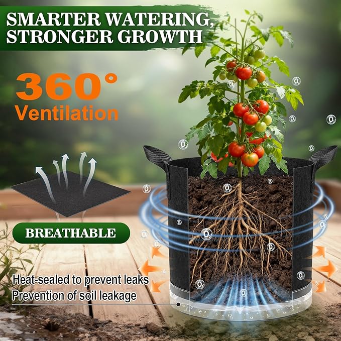 3 Pack 5 Gallon Self-Watering Grow Bags, Thick Nonwoven Fabric Pots with Support Rings and Reinforced Handles, Self-Watering Planters with Bottom Reservoir for Tomatoes Peppers Potatoes and Vegetables