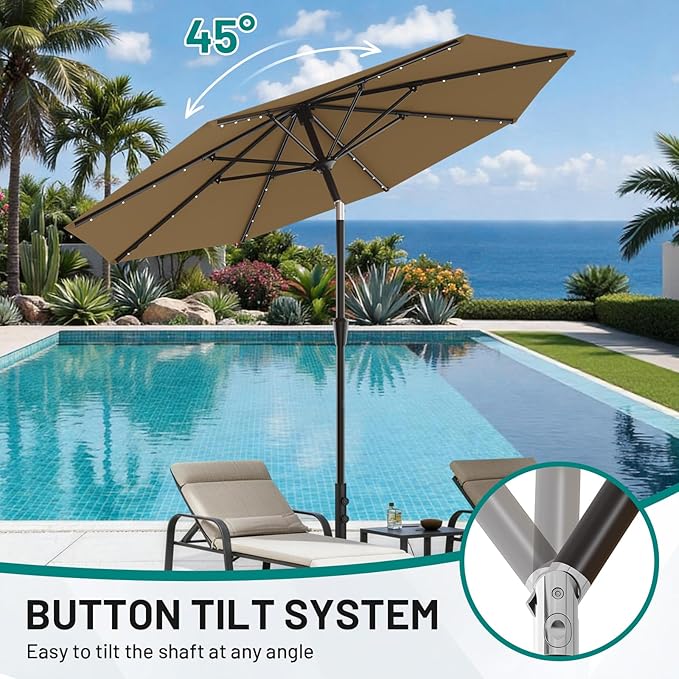 AreShark 9FT Patio Umbrella with Solar Lights, 32 LED Lighted Pool Umbrella w/Tilt and Crank, Outdoor Market Solar Umbrellas for Garden, Deck, Backyard, Pool and Beach, Khaki