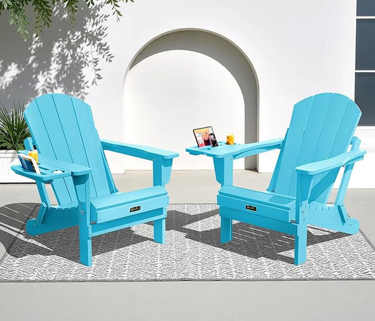 SERWALL Folding Adirondack Chair Set of 2 with 4 in 1 Cup Holder, HIPS Adirondack Chairs, Wood Texture, Weather Resistant Plastic Chairs for Patio Garden Outdoors Fire Pit Chairs - Coffee