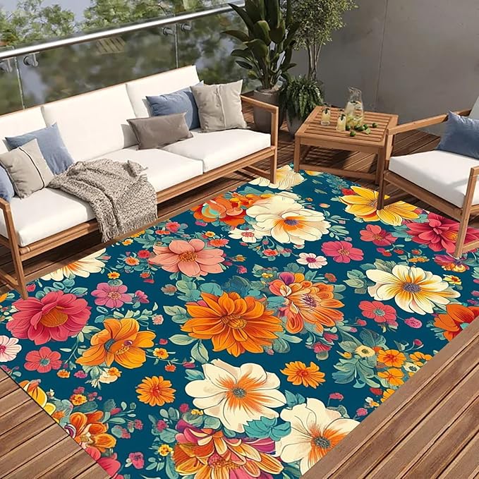 Retro Floral Textured Waterproof Outdoor Area Rug for Patio Deck Porch Balcony Garden Navy Blue Red Orange Washable Outside Large Thin Carpet 10x16 Farmhouse Entrance Hallway Non Slip Quick Dry Mat
