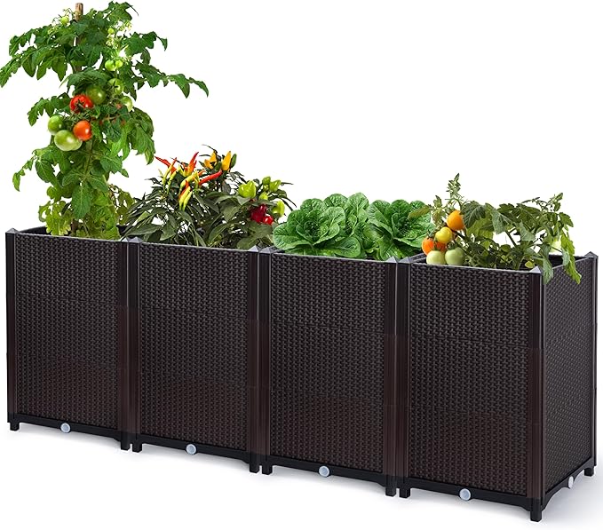 D'vine Dev Raised Patio Planter Box - Elevated Planter with Drainage Plug Raised Garden Beds for Growing Flowers, Herbs, Vegetables - Outdoor Standing Gardening Kit, Set of 4, RGB-D-4