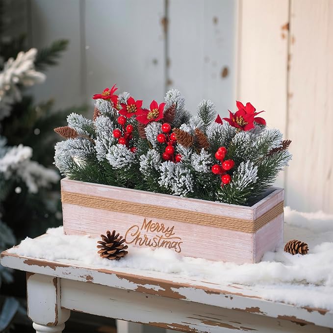 SVENJBB Christmas Table Centerpiece Decorations with Red Poinsettias, Snowy Norfolk Pine, Berries & Pine Cones in Wooden Box with “Merry-Christmas” Printing